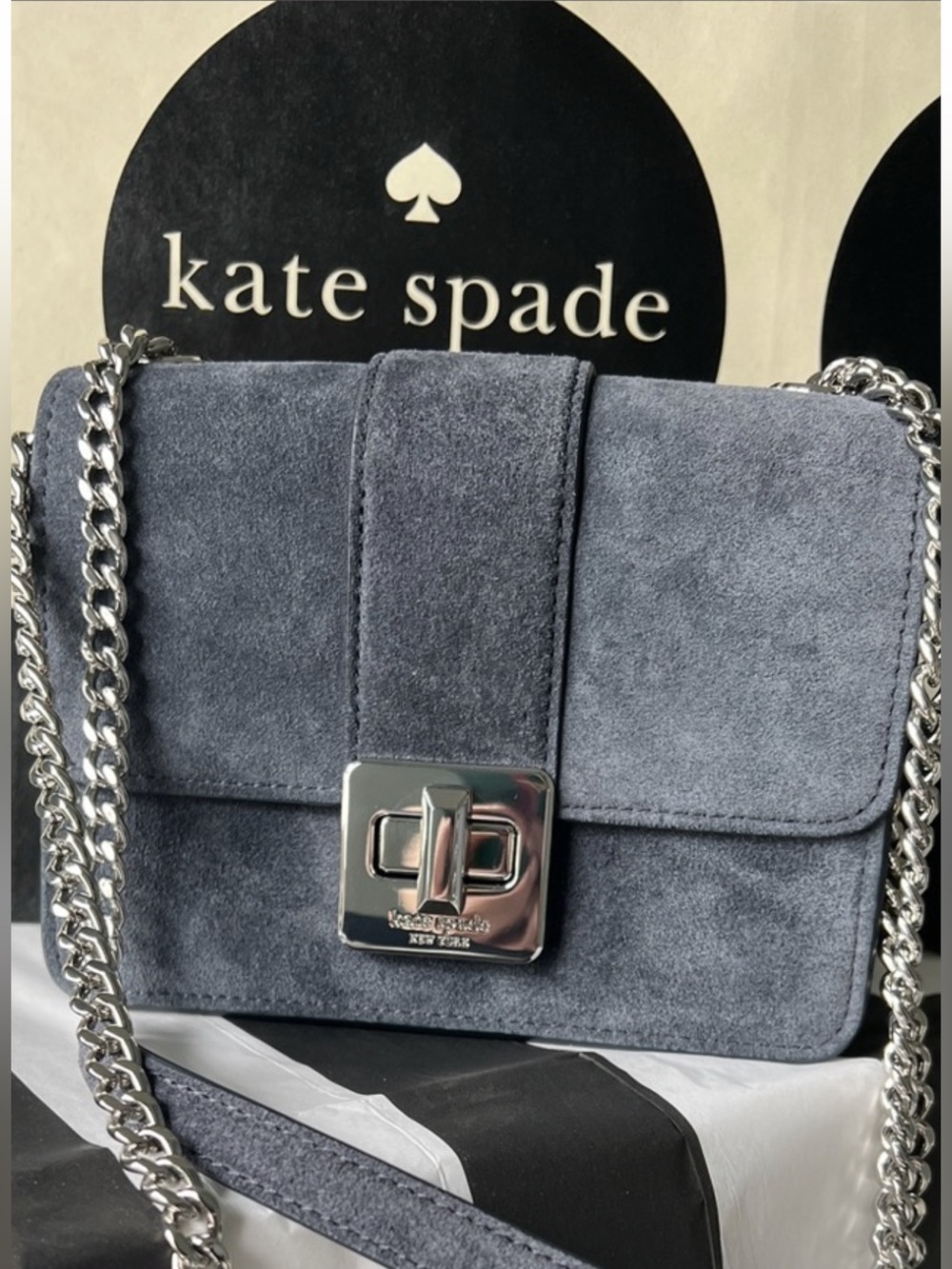 NWT Kate Spade Suede with silver Chain crossbody Bag